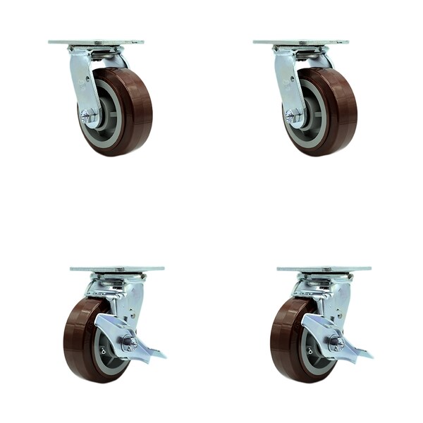 5 Inch Polyurethane Swivel Caster Set with Ball Bearings 2 Brakes
